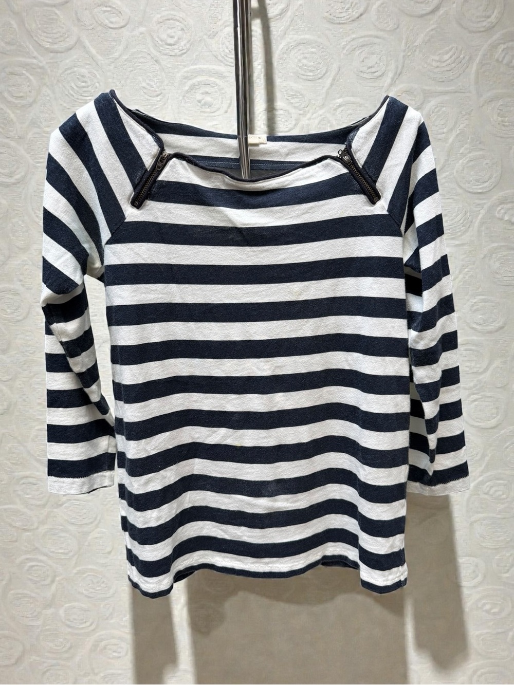 J.Crew Navy White Stripe Zip Shoulder Top XS Nautical 3/4 Sleeve